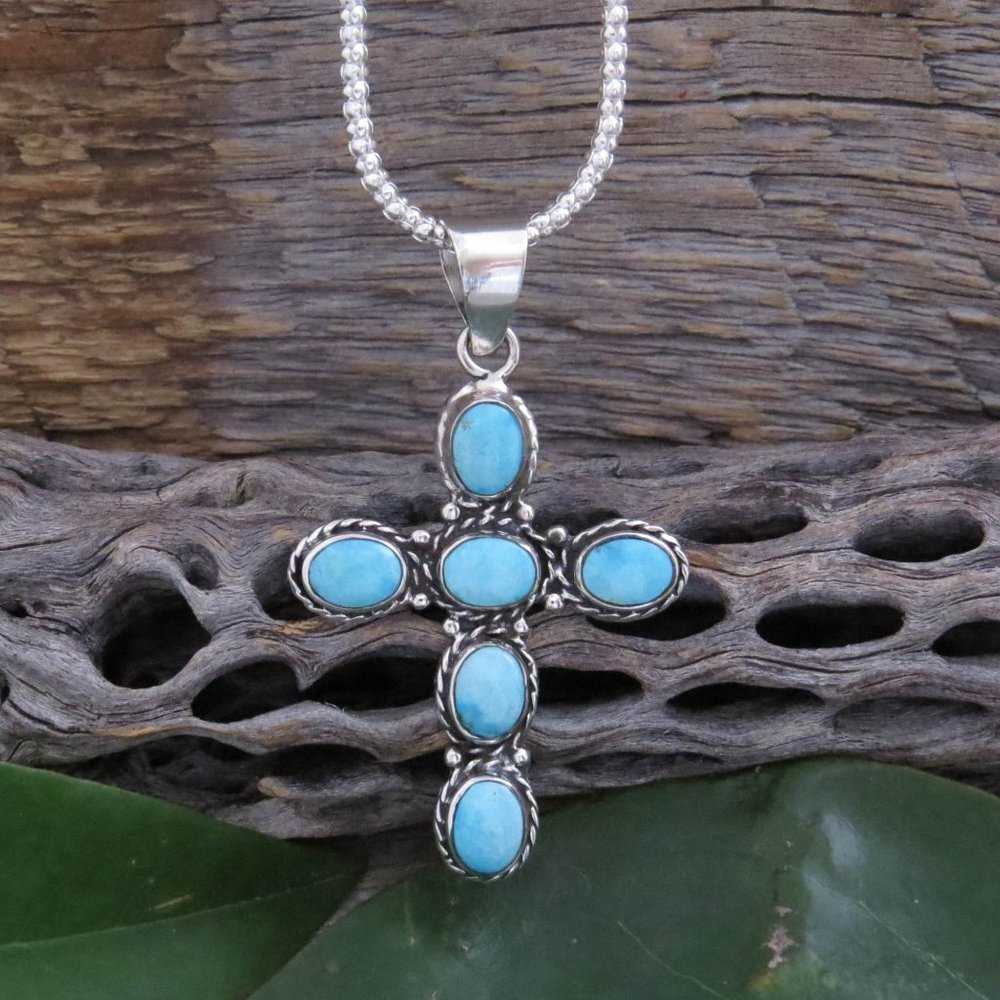 Turquoise Sterling Silver Cross Necklace 18"